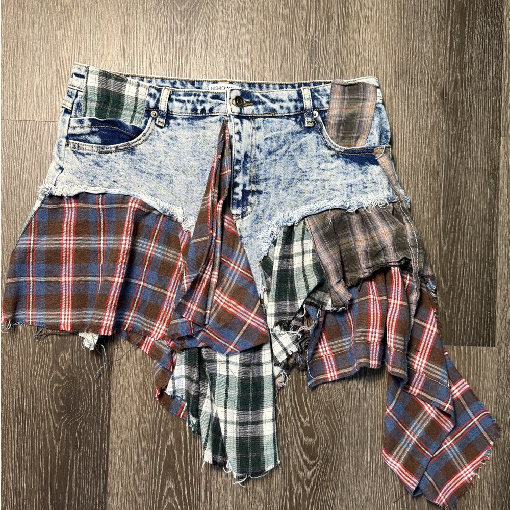 Trendy Patchwork Denim and Plaid Skirt